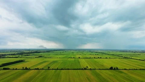 Aerial view of green paddy fields under gloomy rainy clouds Stock Footage 337526900