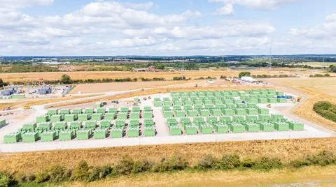 Aerial view of a grid-scale battery energy storage system under construction Фото