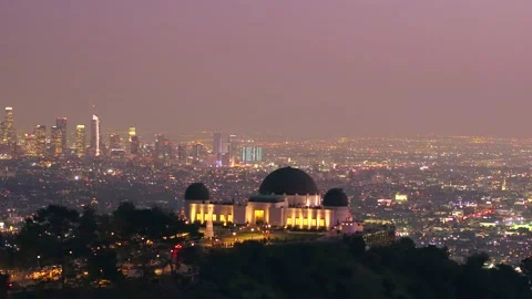 Aerial view of the Griffith Observatory, on Mount Hollywood, during night Stock Footage 137587403