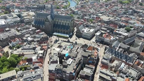 Aerial view of Grote Markt square and Grote Kerk, Netherlands. Stock Footage 313287477