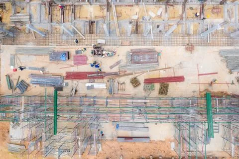 Aerial view of group of construction worker building in construction site. Stock Photos