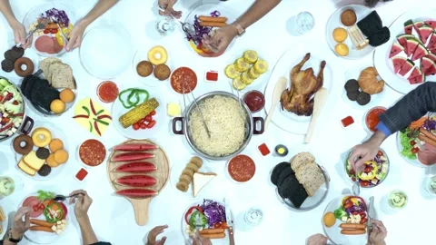 Aerial View Group Dining Chicken And Noodles Stock-Footage 334448060