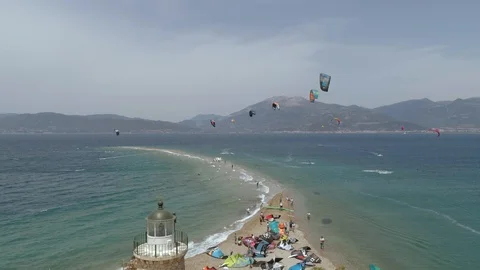 Aerial view of group doing windsurfing in the Gulf of Patras, Greece. Stock Footage 99827412