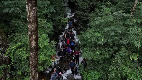 Aerial view of group of indian backpackers or hikers posing at rocky mounta.. Stock Footage 316683063
