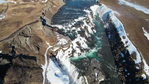 Aerial view of Gullfoss Falls waterfall in Iceland | Golden Circle Stock Footage 270779541