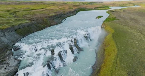 Aerial view of Gullfoss waterfall and mist, Iceland. Stock Footage 312751422