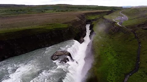 Aerial view of Gullfoss Waterfall  going backwards Stock Footage 52421607