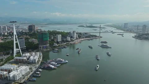 Aerial View of Ha Long Bay Waterfront and Marina in Quang Ninh, Vietnam Stock-Footage 342690368