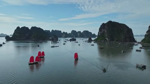 Aerial View of Ha Long Bay with Limestone Karst Islands in Quang Ninh, Vietnam Stock Footage 342690589