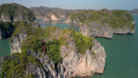 Aerial view of Ha Long Bay islands and floating village in Vietnam Stock Footage 345474929