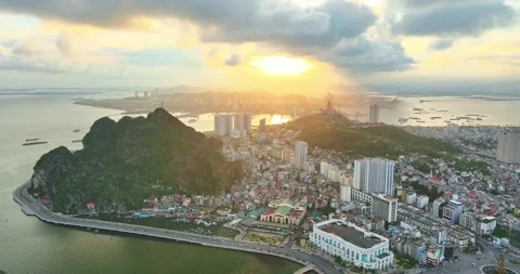Aerial view of Ha Long city and rock island, Halong Bay, Vietnam Stock Footage 342372053