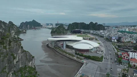 Aerial View of Ha Long Fair and Exhibition Planning Palace in Ha Long, Vietnam Stock Footage 342715518