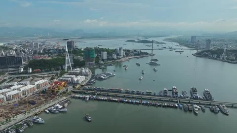 Aerial View of Ha Long Waterfront and Marina in Quang Ninh, Vietnam Stock Footage 342690318