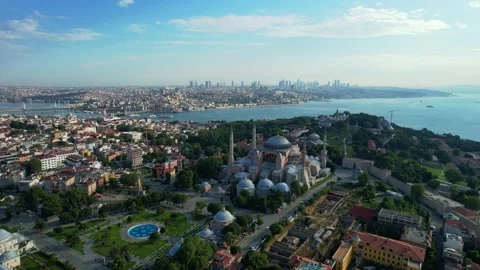 Aerial view of Hagia Sofia, Istanbul historical center and Bosphorus strait i Stock Footage 237646513