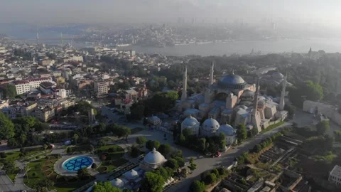 Aerial view of Hagia Sofia Mosque, Sunrise time, Istanbul historical center and Stock Footage 294951383