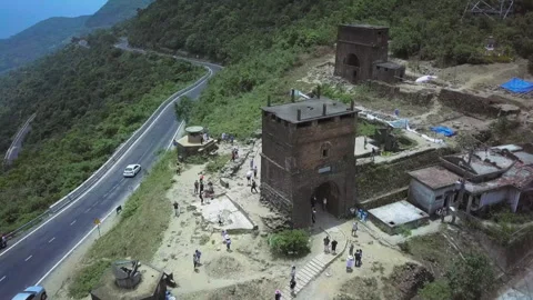 Aerial view of hai van pass gate with tourists visiting Stock Footage 329511358