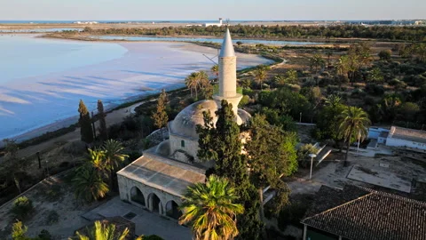 Aerial view of Hala Sultan Tekke Mosque in Larnaca, Cyprus. Stock Footage 341539855