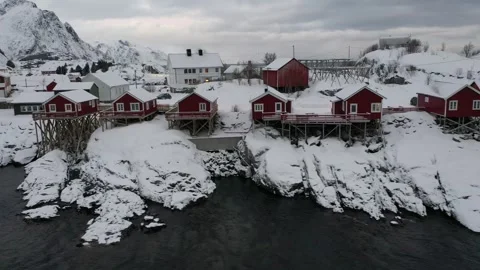 Aerial view of Hamnoy red cabins and mountains, Norway. Stock Footage 319279213