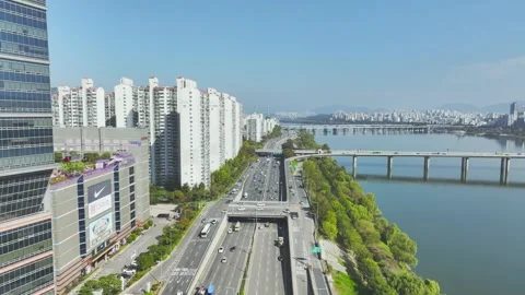 Aerial View of Han River and Subway Line 2 at Gangbyeon Stock Footage 292035163
