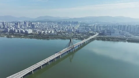 Aerial View of Han River and Subway Line 2 at Gangbyeon Stock Footage 292035164