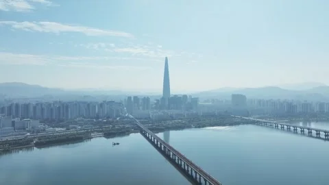Aerial View of Han River and Subway Line 2 at Gangbyeon Stock Footage 292035343