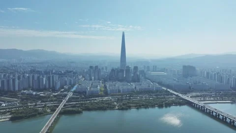 Aerial View of Han River and Subway Line 2 at Gangbyeon Stock Footage 292037150