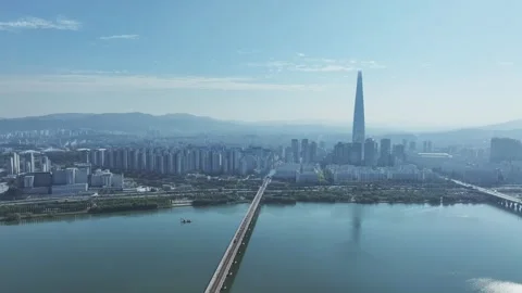 Aerial View of Han River and Subway Line 2 at Gangbyeon Stock Footage 292037926