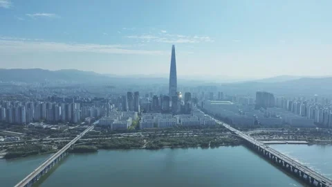Aerial View of Han River and Subway Line 2 at Gangbyeon Stock Footage 292038139