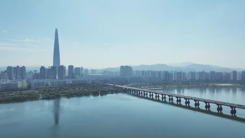 Aerial View of Han River and Subway Line 2 at Gangbyeon Stock Footage 292038586