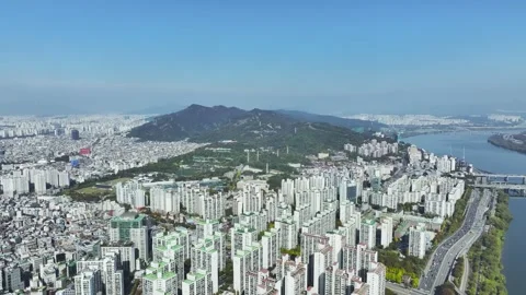 Aerial View of Han River and Subway Line 2 at Gangbyeon Stock Footage 292040337