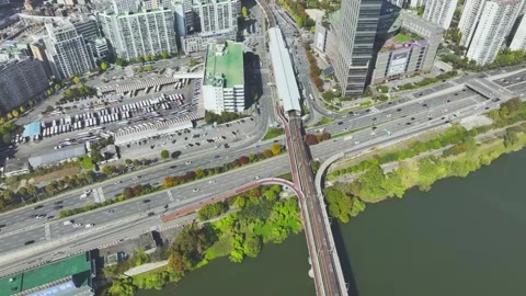 Aerial View of Han River and Subway Line 2 at Gangbyeon Stock Footage 292040534
