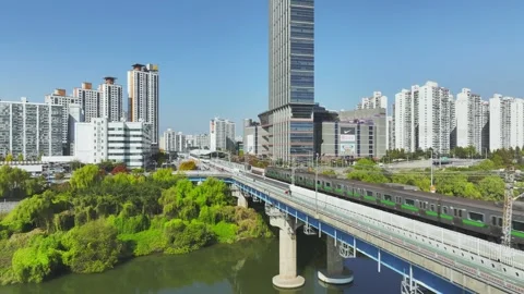 Aerial View of Han River and Subway Line 2 at Gangbyeon Stock Footage 292041126
