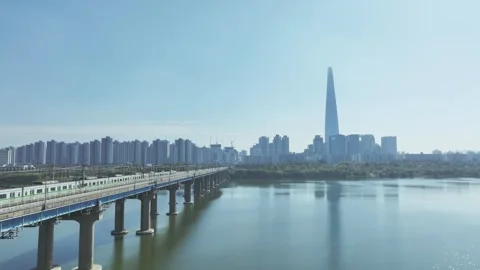 Aerial View of Han River and Subway Line 2 at Gangbyeon Stock Footage 292041459