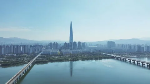 Aerial View of Han River and Subway Line 2 at Gangbyeon Stock Footage 292042172