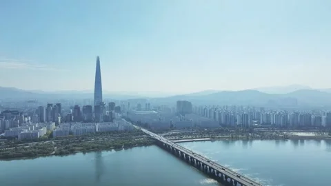 Aerial View of Han River and Subway Line 2 at Gangbyeon Stock Footage 292042519