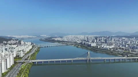 Aerial View of Han River and Subway Line 2 at Gangbyeon Stock Footage 292043220