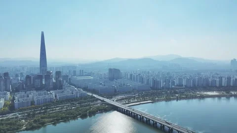 Aerial View of Han River and Subway Line 2 at Gangbyeon Stock Footage 292043993
