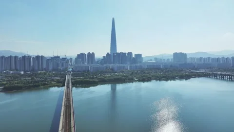 Aerial View of Han River and Subway Line 2 at Gangbyeon Stock Footage 292044878
