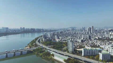 Aerial View of Han River and Subway Line 2 at Gangbyeon Stock Footage 292045533