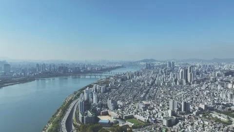 Aerial View of Han River and Subway Line 2 at Gangbyeon Stock Footage 292045780