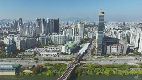 Aerial View of Han River and Subway Line 2 at Gangbyeon Stock Footage 292048714