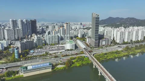 Aerial View of Han River and Subway Line 2 at Gangbyeon Stock Footage 292049299