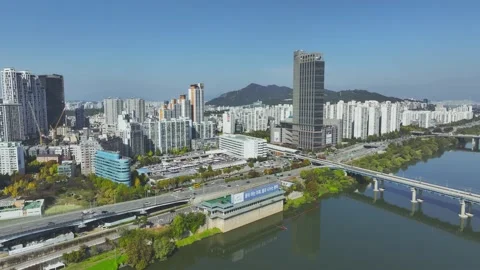 Aerial View of Han River and Subway Line 2 at Gangbyeon Stock Footage 292052810