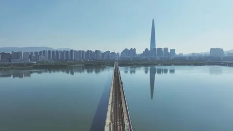 Aerial View of Han River and Subway Line 2 at Gangbyeon Stock Footage 292053815