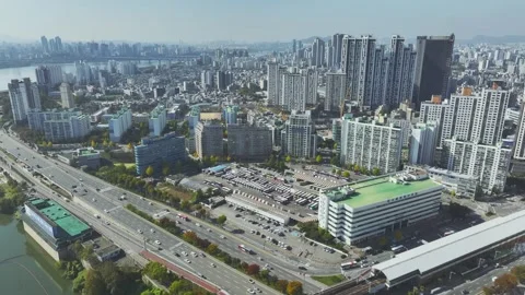 Aerial View of Han River and Subway Line 2 at Gangbyeon Stock Footage 292068759