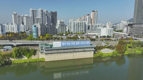 Aerial View of Han River and Subway Line 2 at Gangbyeon Stock Footage 292070286