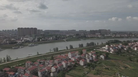 Aerial View of Han River Bend with Village and City Stock-Footage 343695125