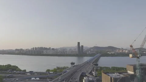 Aerial view of Han River at sunset from Dongjak, Seol, South Korea Stock Footage 334845936