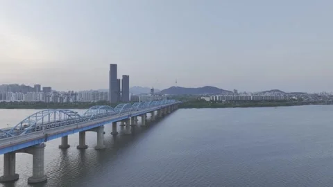 Aerial view of Han River at sunset from Dongjak, Seol, South Korea Stock Footage 334861809
