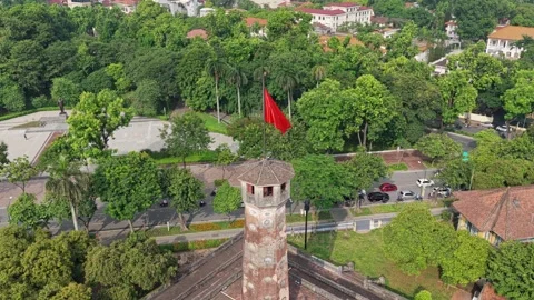 Aerial View of Hanoi Flag Tower with Vietnamese Flag in Historic City Center Stock-Footage 341807622